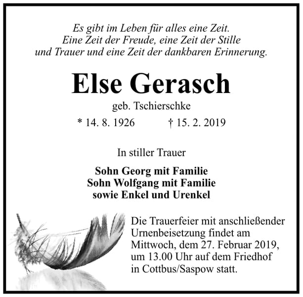 Traueranzeige Else Gerasch, geb. Tschierschke