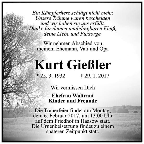 Danksagung Kurt Gießler