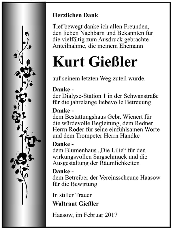 Danksagung Kurt Gießler