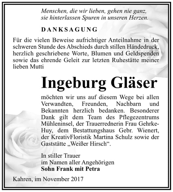 Danksagung Ingeburg Gläser