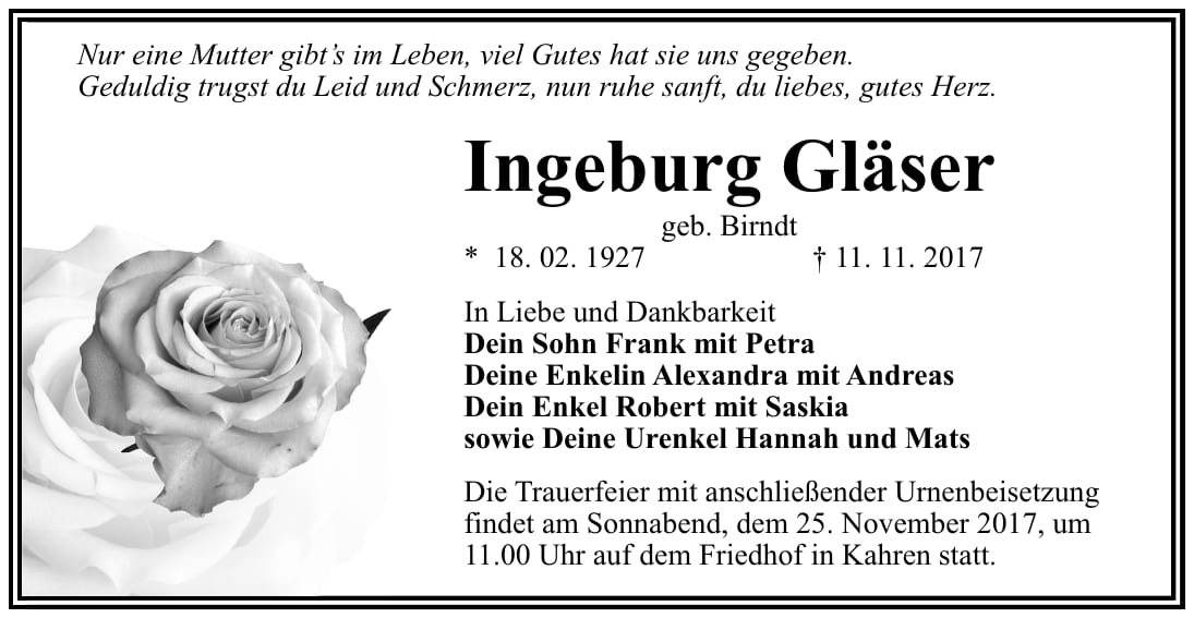 Traueranzeige Ingeburg Gläser, geb. Birndt