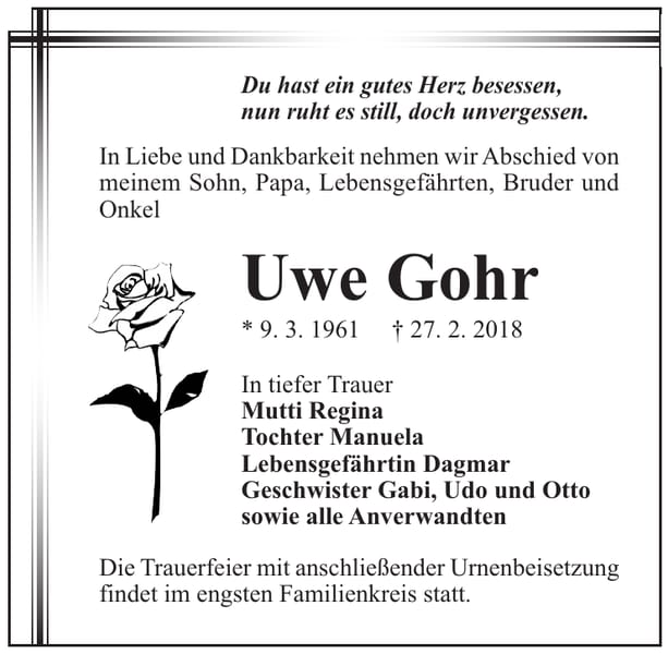 Traueranzeige Uwe Gohr