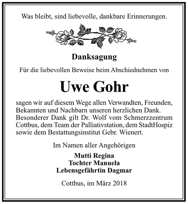 Danksagung Uwe Gohr