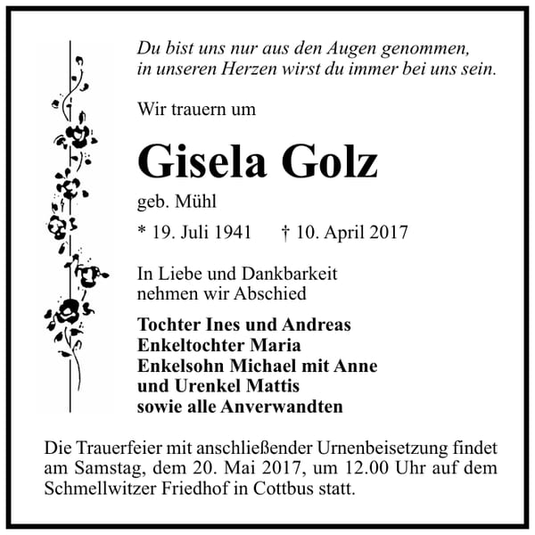 Traueranzeige Gisela Golz, geb. Mühl