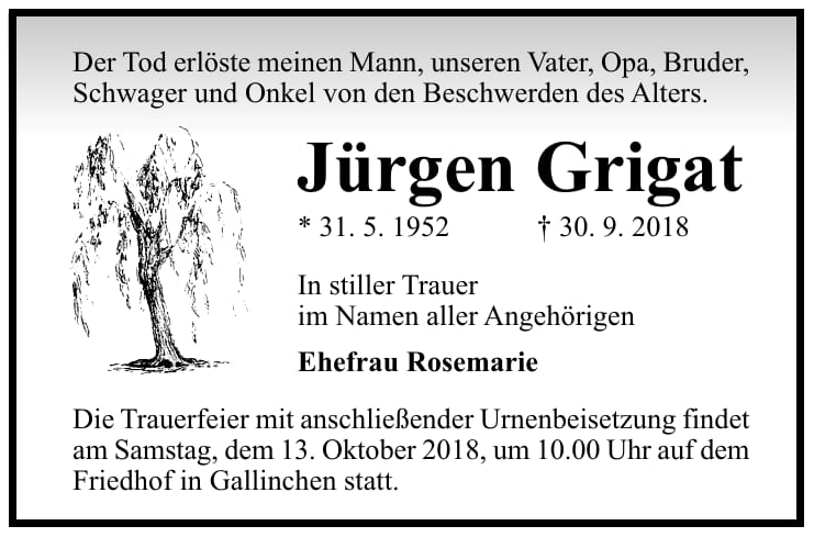 Traueranzeige Jürgen Grigat