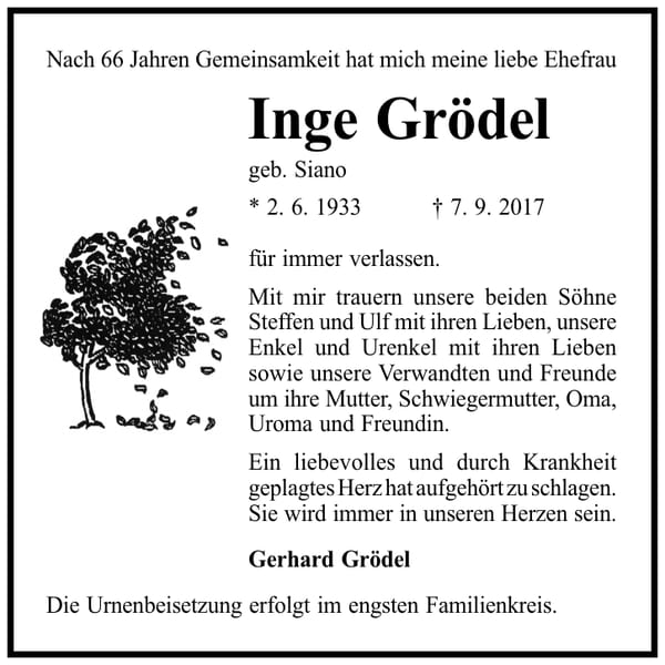 Traueranzeige Inge Grödel, geb. Siano