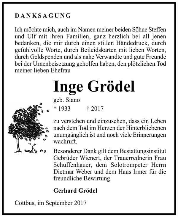 Danksagung Inge Grödel, geb. Siano