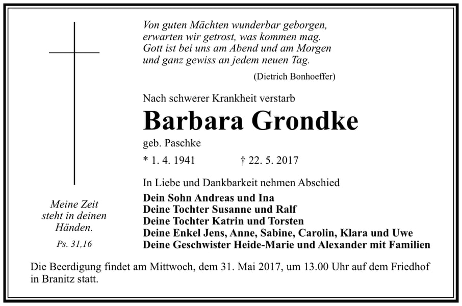 Traueranzeige Barbara Grondke, geb. Paschke