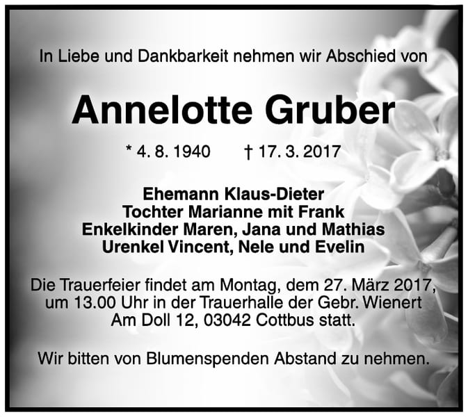 Traueranzeige Annelotte Gruber