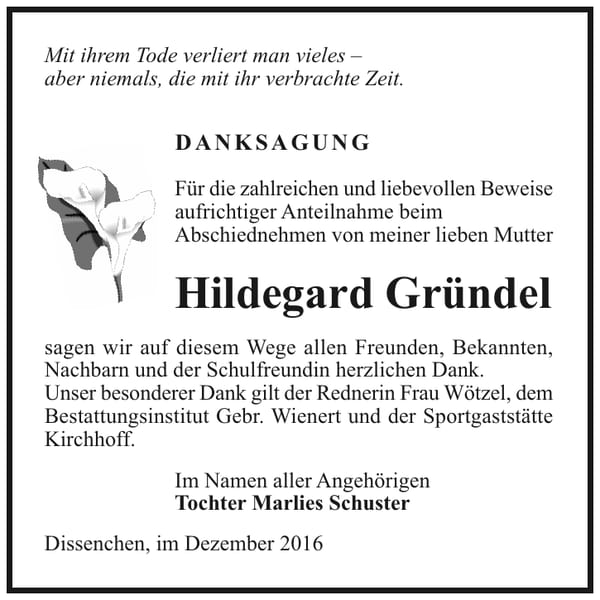 Danksagung Hildegard Gründel