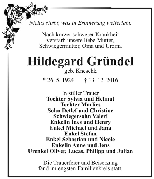 Traueranzeige Hildegard Gründel, geb. Kneschk
