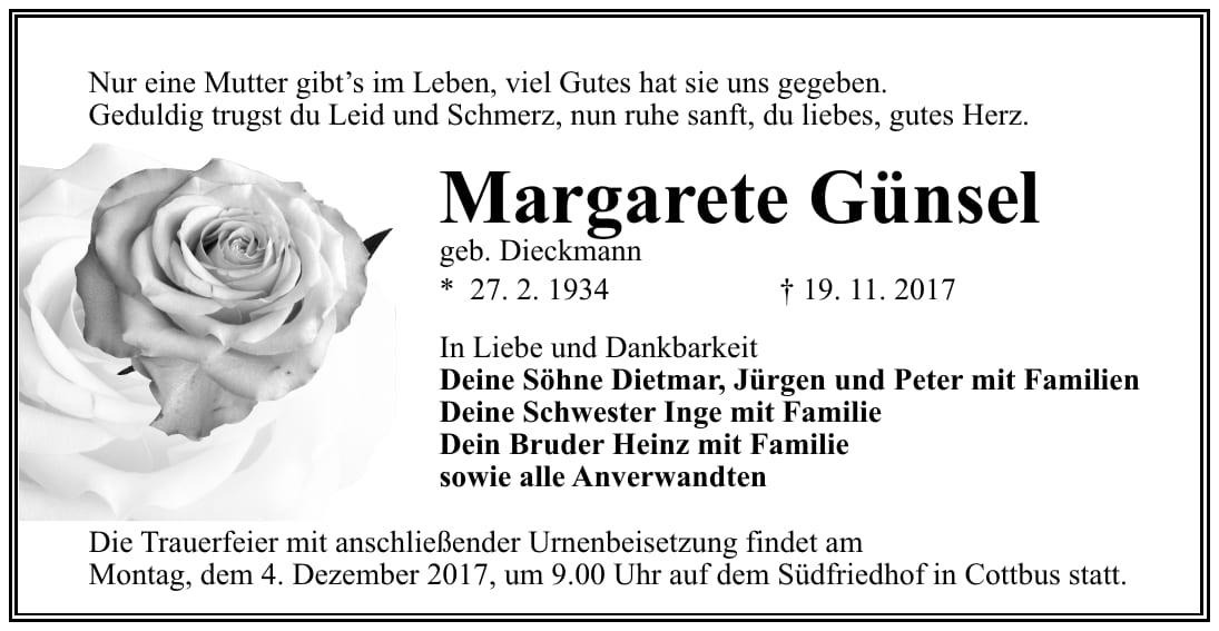 Traueranzeige Margarete Günsel, geb. Dieckmann