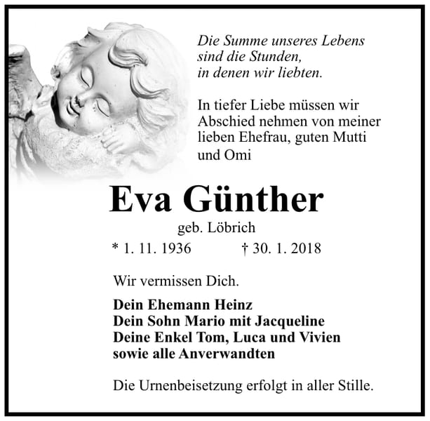 Traueranzeige Eva Günther, geb. Löbrich