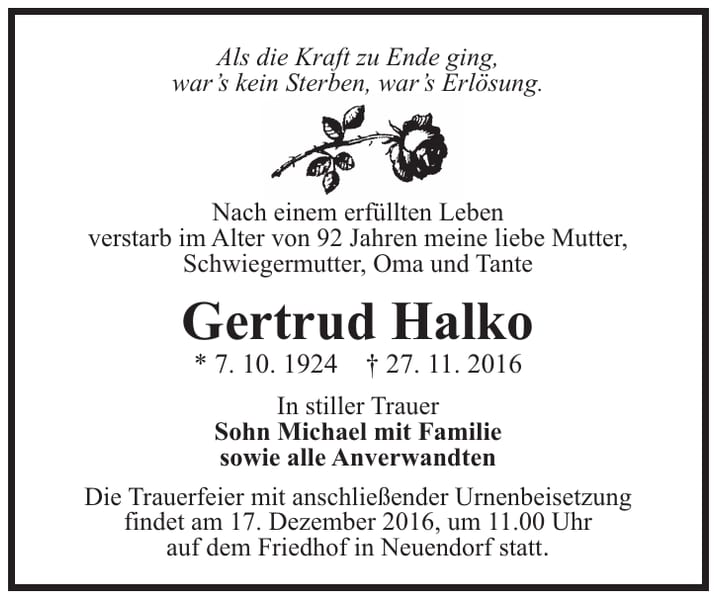 Traueranzeige Gertrud Halko
