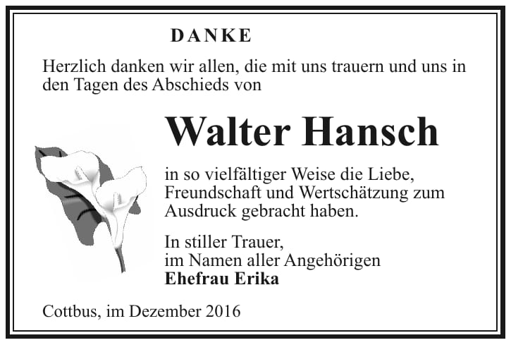 Danksagung Walter Hansch