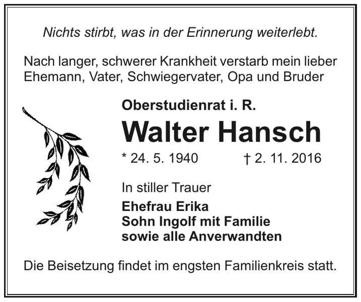 Traueranzeige Walter Hansch