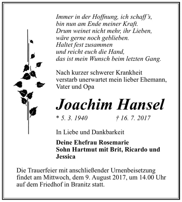 Traueranzeige Joachim Hansel