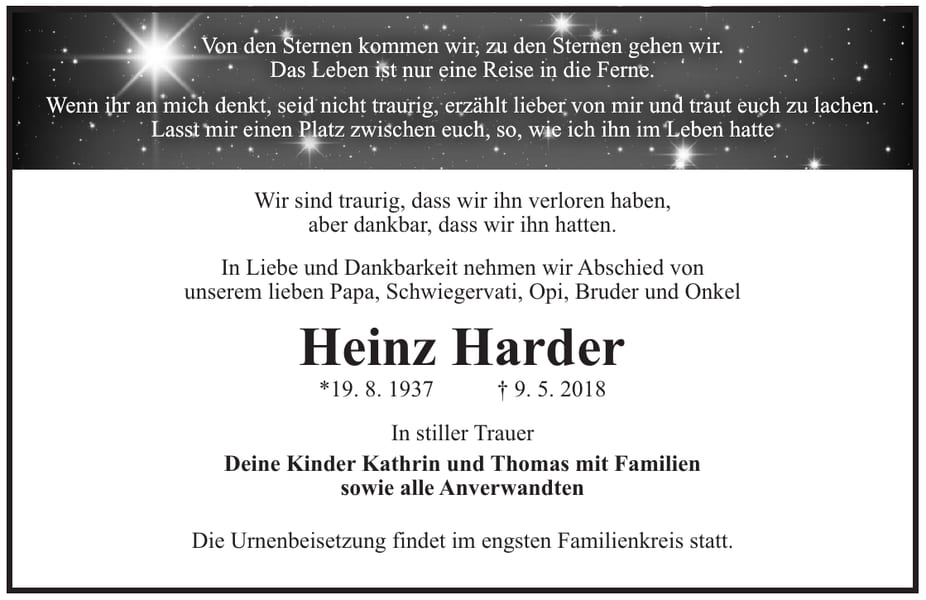 Traueranzeige Heinz Harder