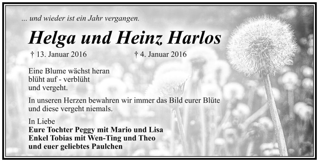 Jahresgedenken Helga und Heinz Harlos