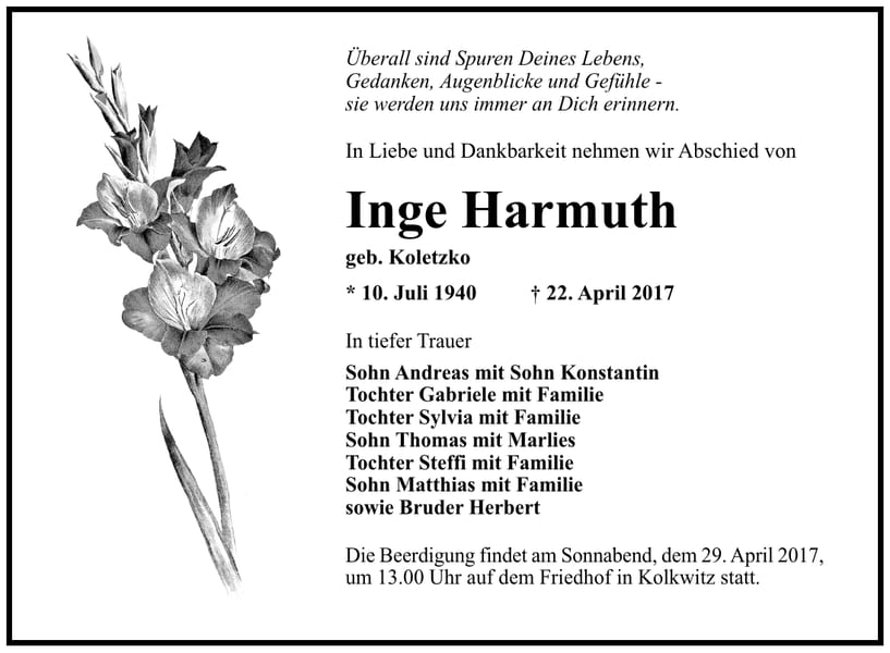 Traueranzeige Inge Harmuth, geb. Koletzko