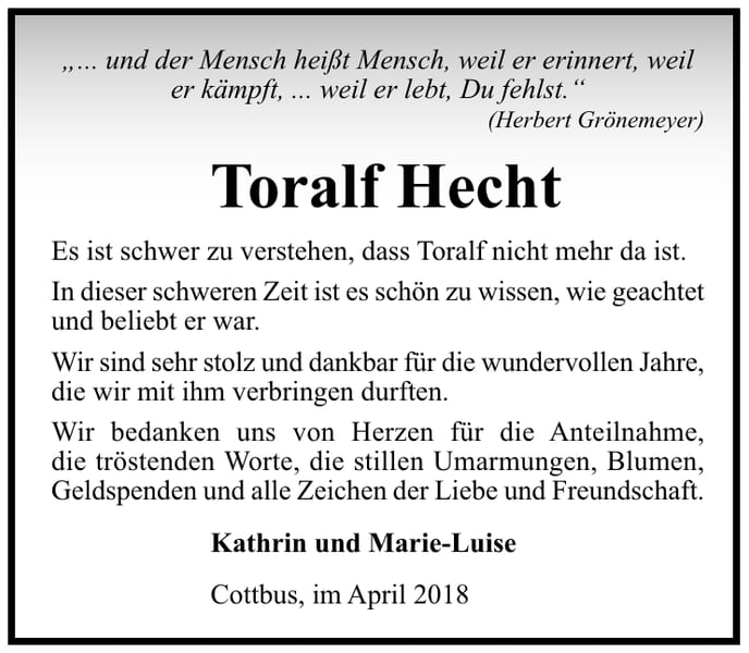 Danksagung Toralf Hecht