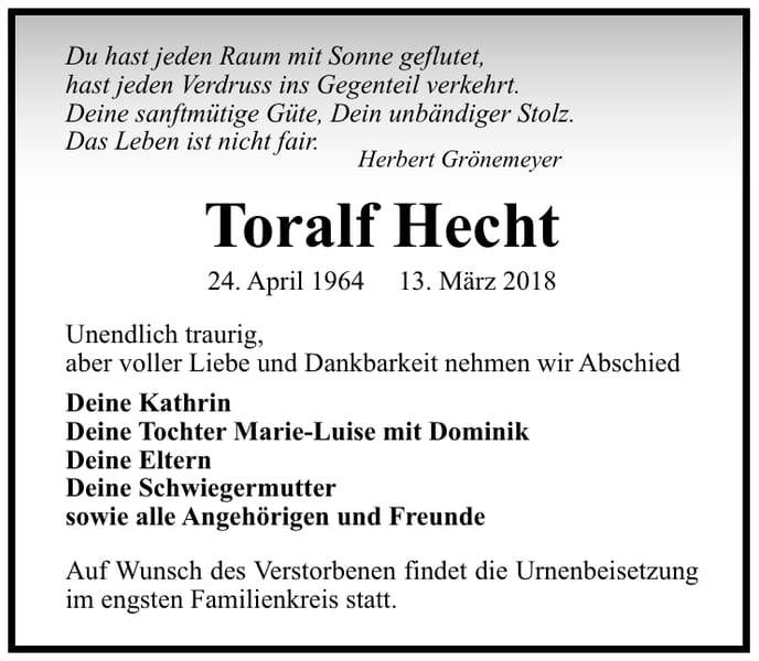Traueranzeige Toralf Hecht