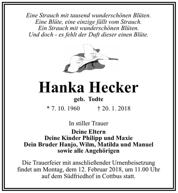 Traueranzeige Hanka Hecker, geb. Todte