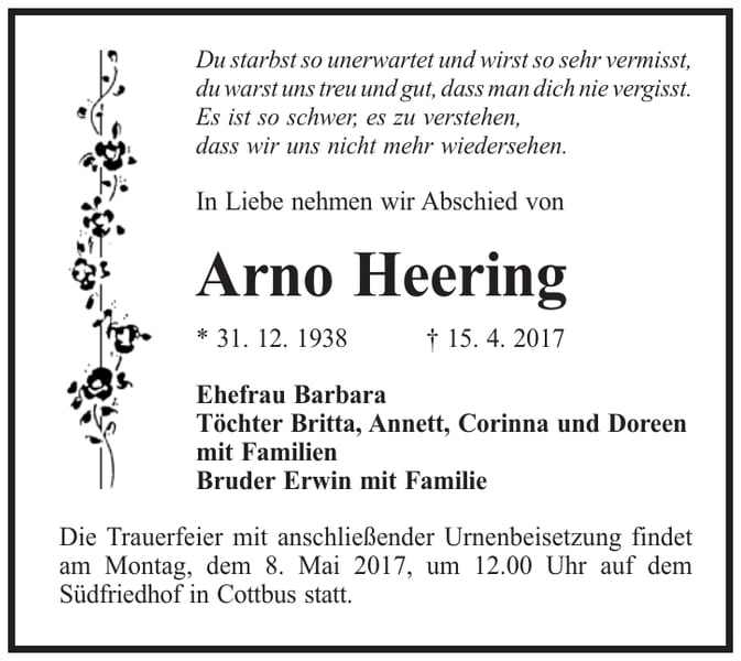 Traueranzeige Arno Heering