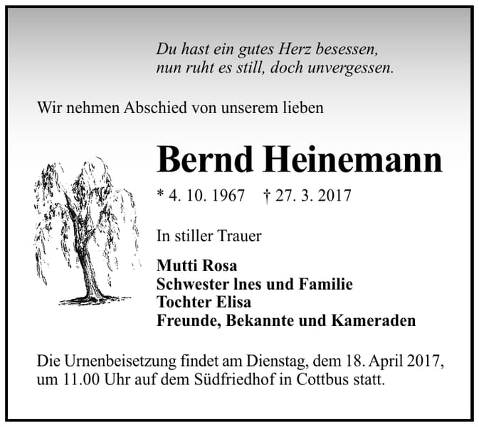 Traueranzeige Bernd Heinemann
