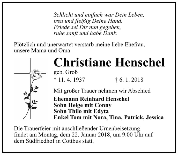 Traueranzeige Christiane Henschel, geb. Groß