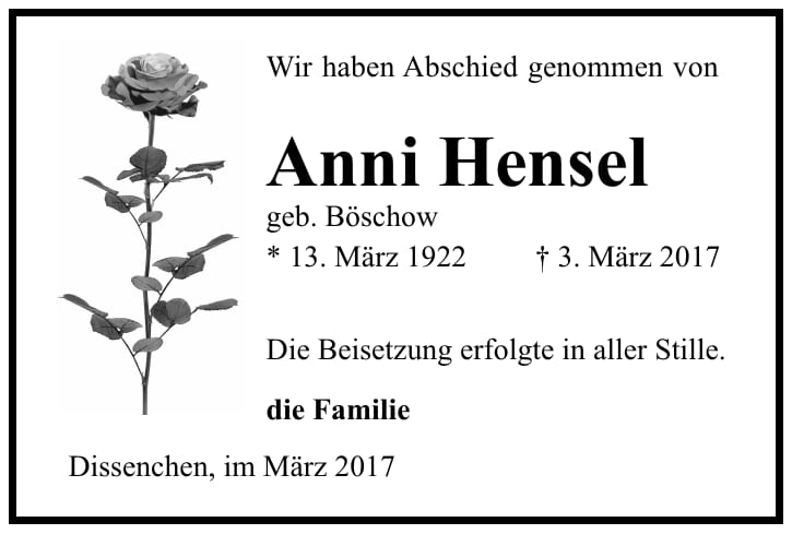 Traueranzeige Anni Hensel, geb. Böschow