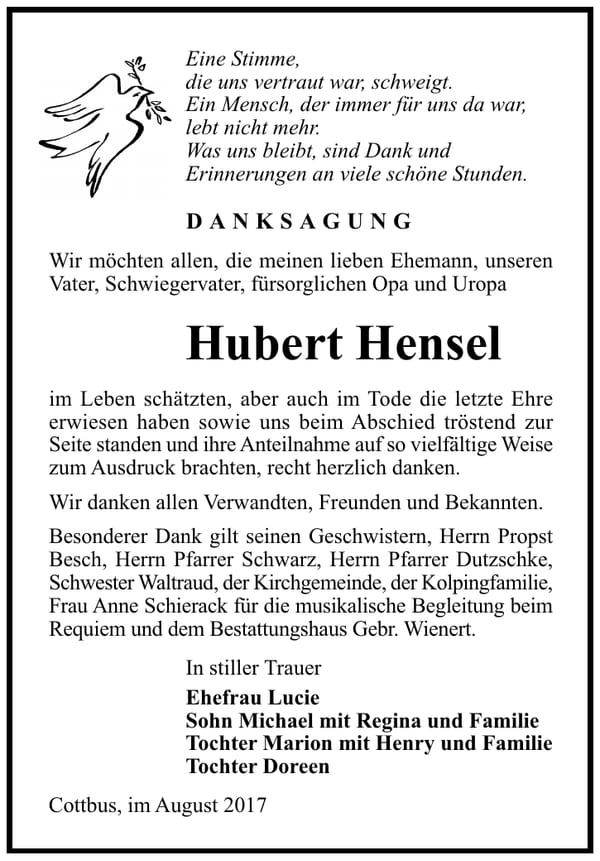 Danksagung Hubert Hensel