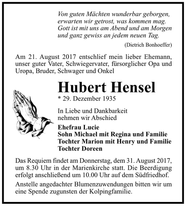 Traueranzeige Hubert Hensel
