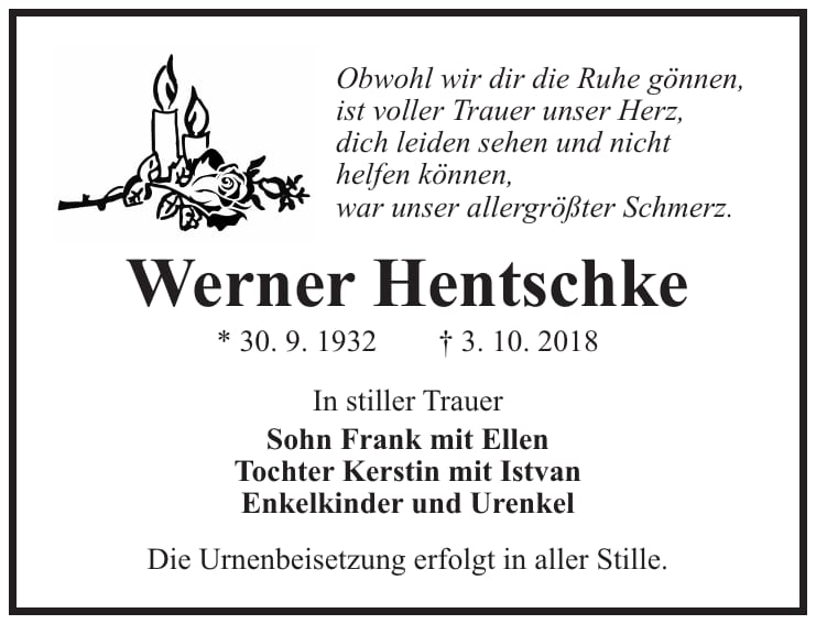 Traueranzeige Werner Hentschke