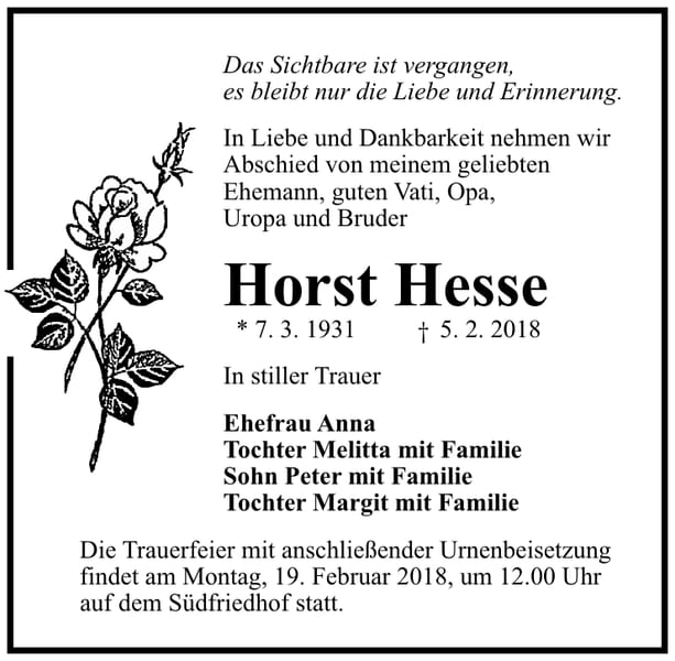 Traueranzeige Horst Hesse