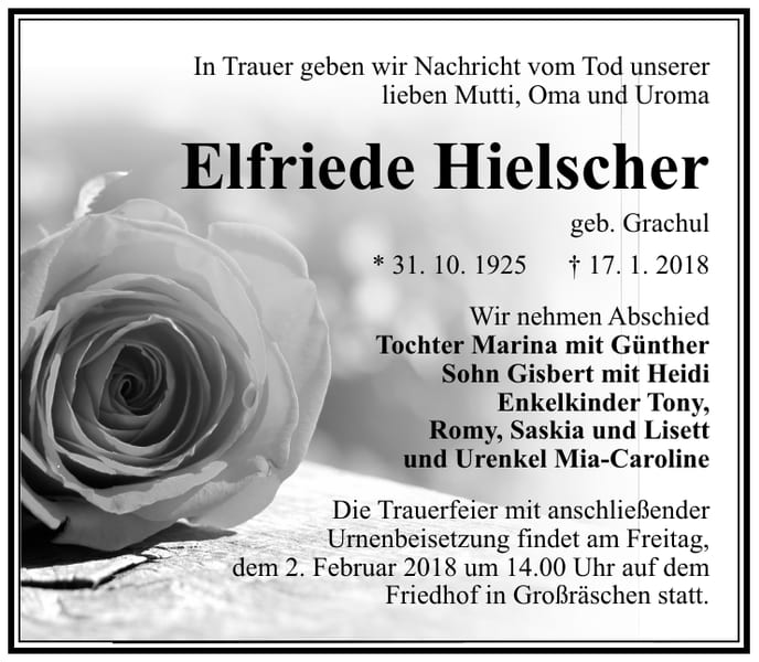 Traueranzeige Elfriede Hielscher, geb. Grachul