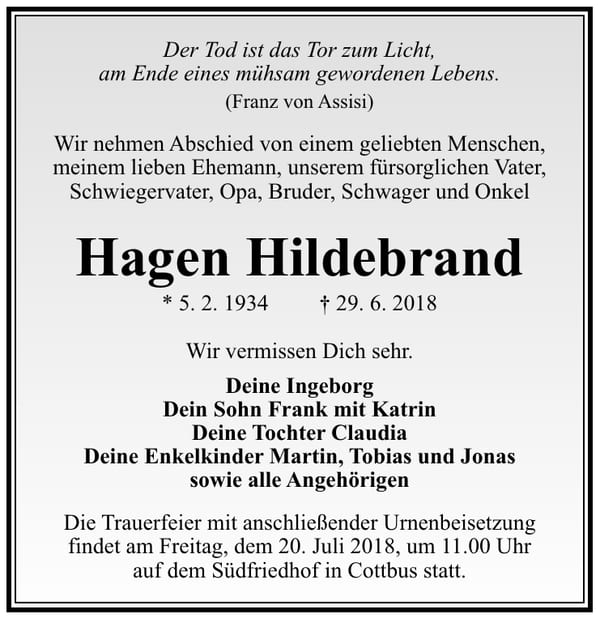 Traueranzeige Hagen Hildebrand