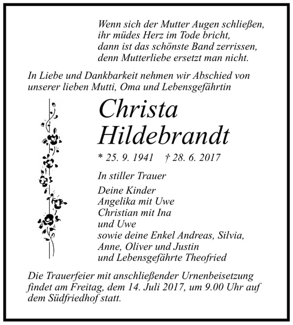 Traueranzeige Christa Hildebrandt