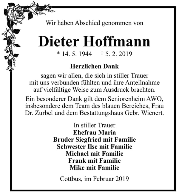 Traueranzeige Dieter Hoffmann