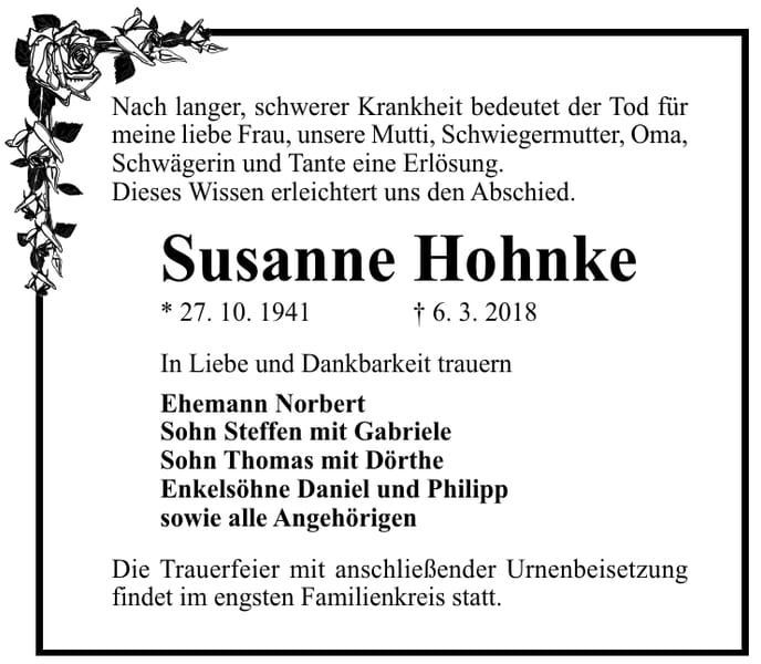 Traueranzeige Susanne Hohnke