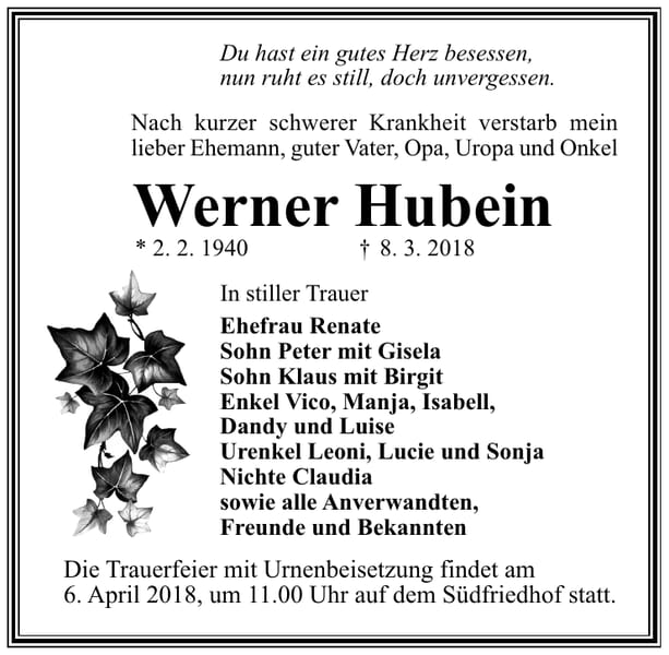 Traueranzeige Werner Hubein