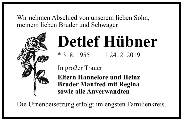 Traueranzeige Detlef Hübner