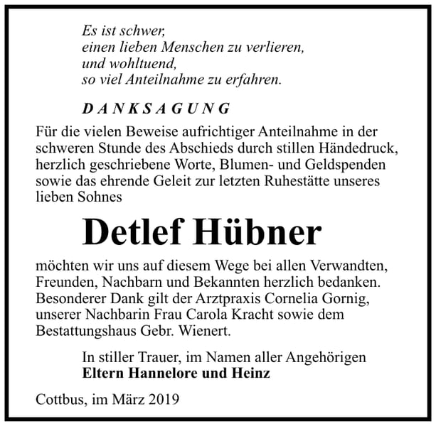 Traueranzeige Detlef Hübner