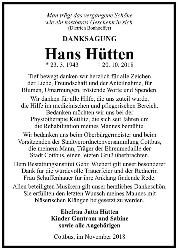 Danksagung Hans Hütten