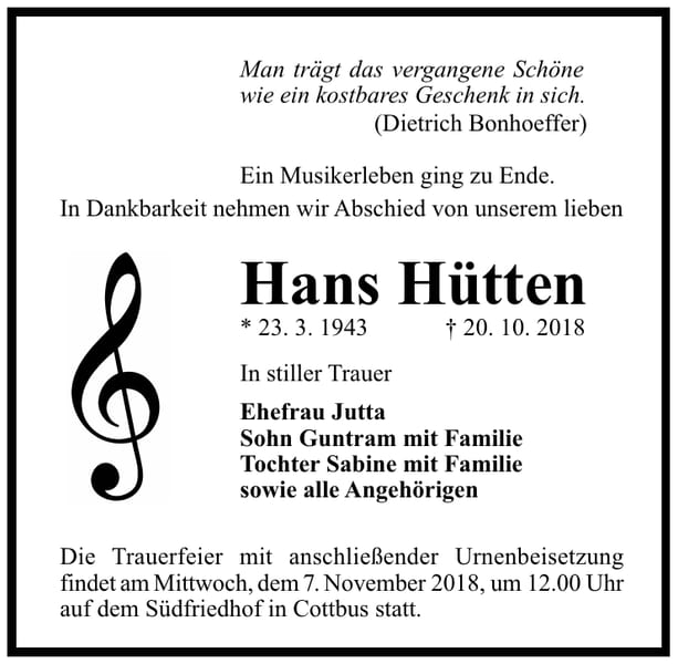 Traueranzeige Hans Hütten