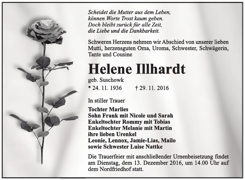 Traueranzeige Helene Illhardt, geb. Suschowk
