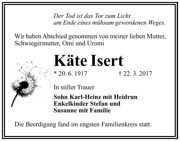 Traueranzeige Käte Isert