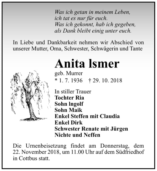 Traueranzeige Anita Ismer geb. Murrer