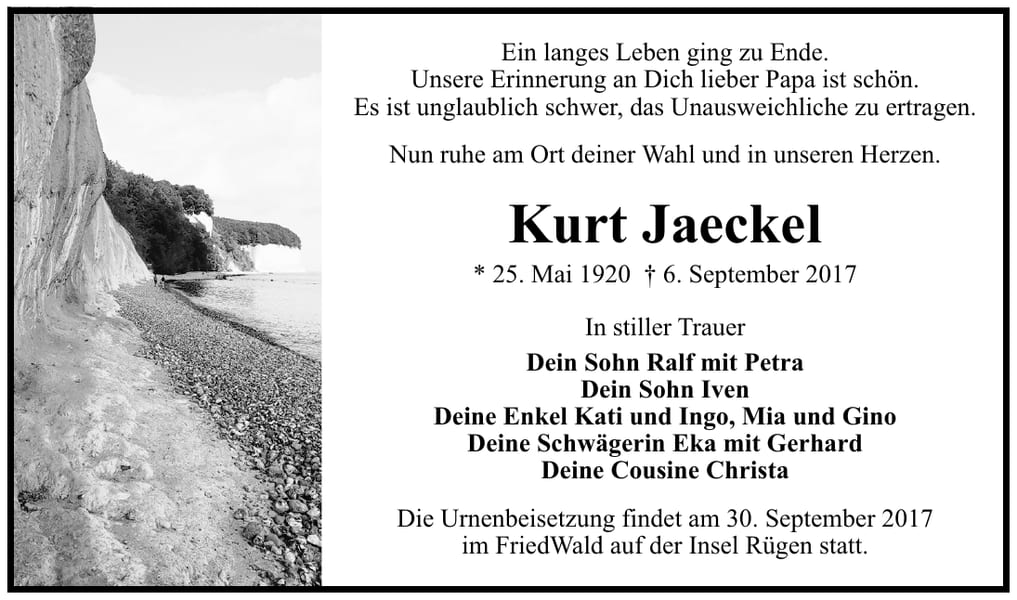 Traueranzeige Kurt Jaeckel