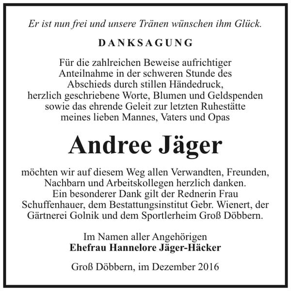 Danksagung Andree Jäger